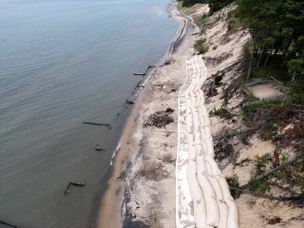 TITANBag® Lake Michigan shoreline revetment — aerial view of bags protecting eroding bluff
