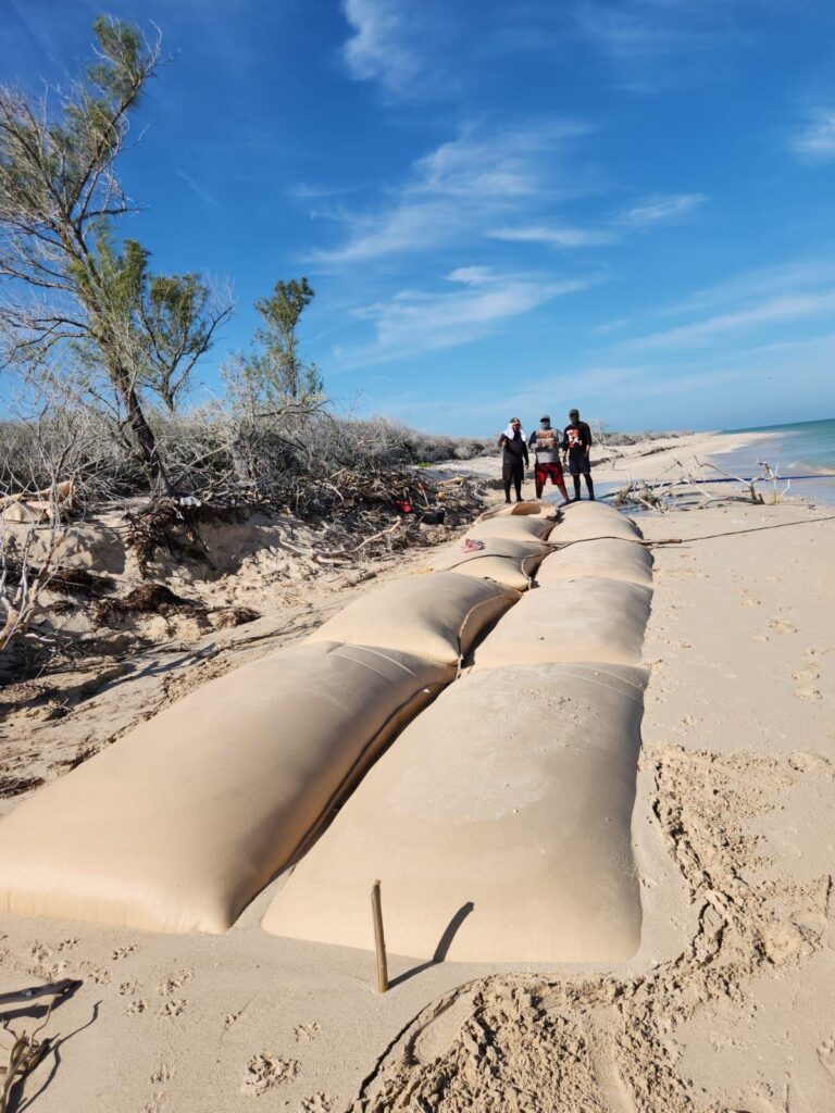 TITANBag® coastal revetment — row of filled bags along beach dune toe with crew