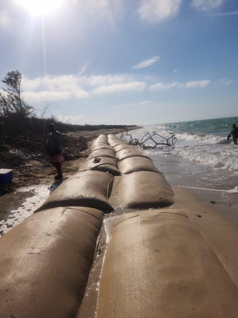 TITANBag® coastal erosion protection — bags protecting eroding beach with wave action