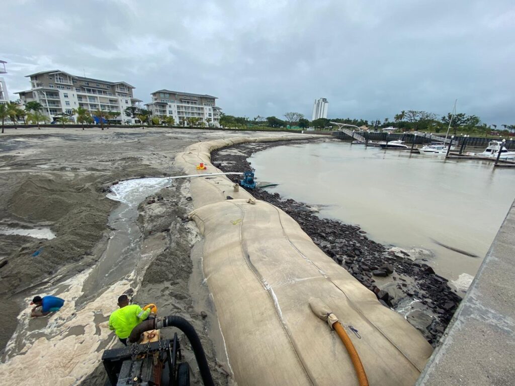 TITANTube® coastal protection — marina revetment installation with fill hoses