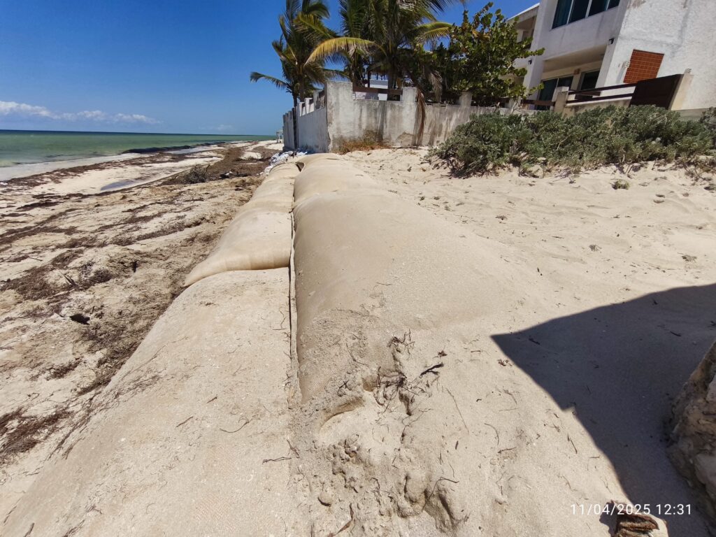 TITANBag® shoreline protection — sand-coloured bags blending into beach environment