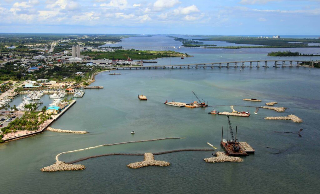 Aerial view — TITANTube® coastal protection structures under construction, Ft. Pierce inlet, Florida