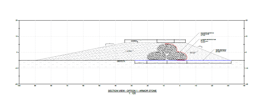 Coastal protection cross-section — armor stone option with woven geotextile tubes, cushion layer and anti-scour apron