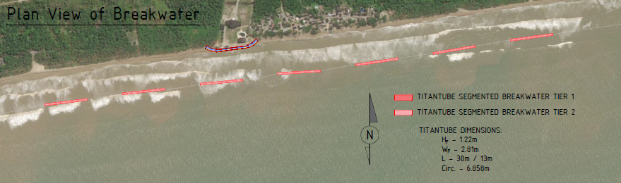 Segmented breakwater plan view - two tiers of TITANTube® segmented breakwater units set offshore along an open coastline, with unit dimensions noted