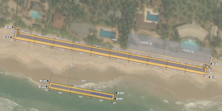 Dune core and breakwater plan view — geotextile tube alignment along a beachfront shoreline, with a shore-parallel dune core and an offshore breakwater section